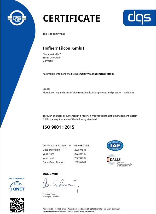 Hofherr Filcon DQS Zertifikat ISO 9001 2015